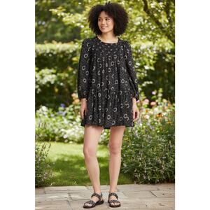 Treasure and Bond Long Sleeve Mini Dress Cotton Smocked Black 1X Nautical Print